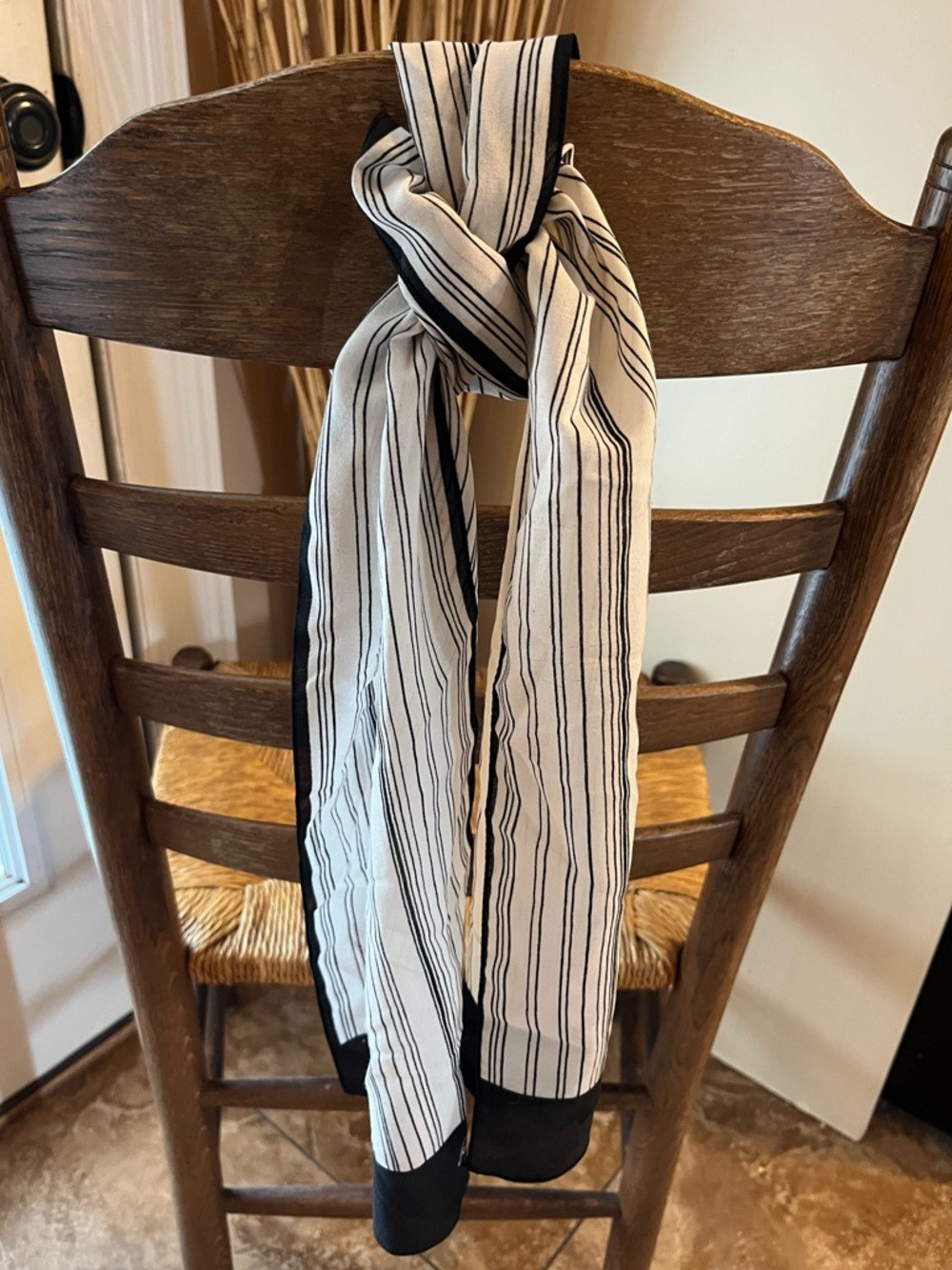 Vintage Jean Pierre Robin Striped Skinny Long Scarf Black & White Silk Like